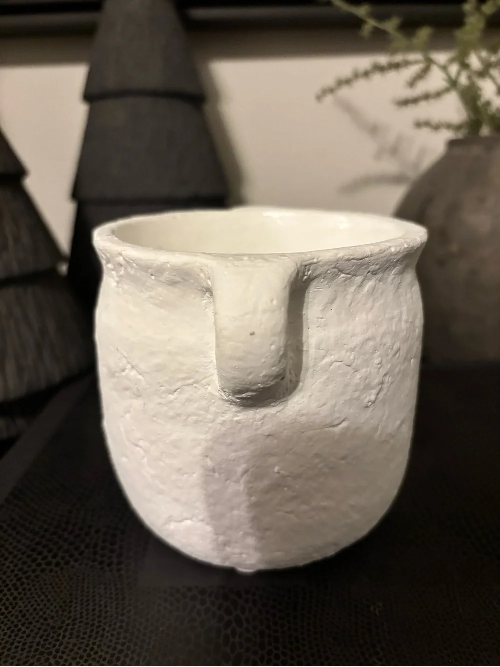 White Handmade Textured Ceramic Pot with Handles-Small